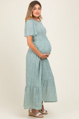 Light Olive Floral Smocked Maternity Midi Dress