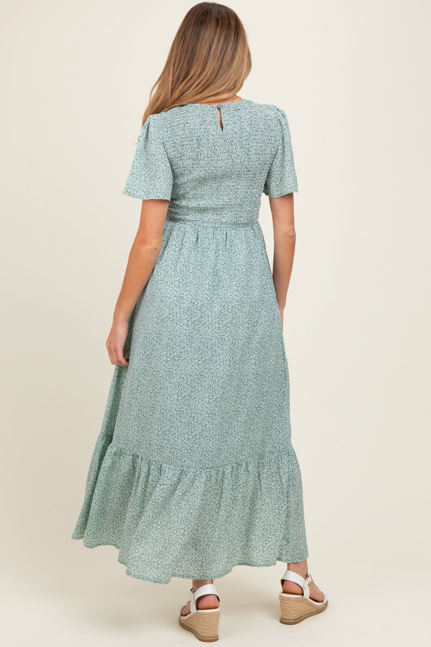 Light Olive Floral Smocked Maternity Midi Dress