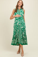 Green Floral Border Print Lapel Button Down Maternity Maxi Dress
