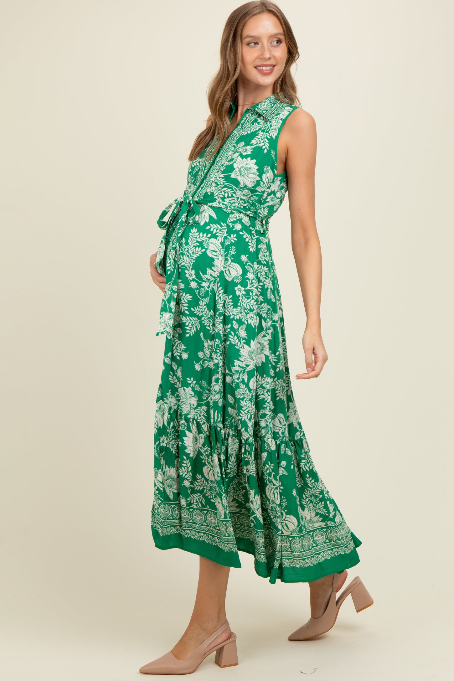 Green Floral Border Print Lapel Button Down Maternity Maxi Dress