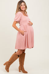 Mauve Square Neck Puff Sleeve Rib Babydoll Maternity Dress