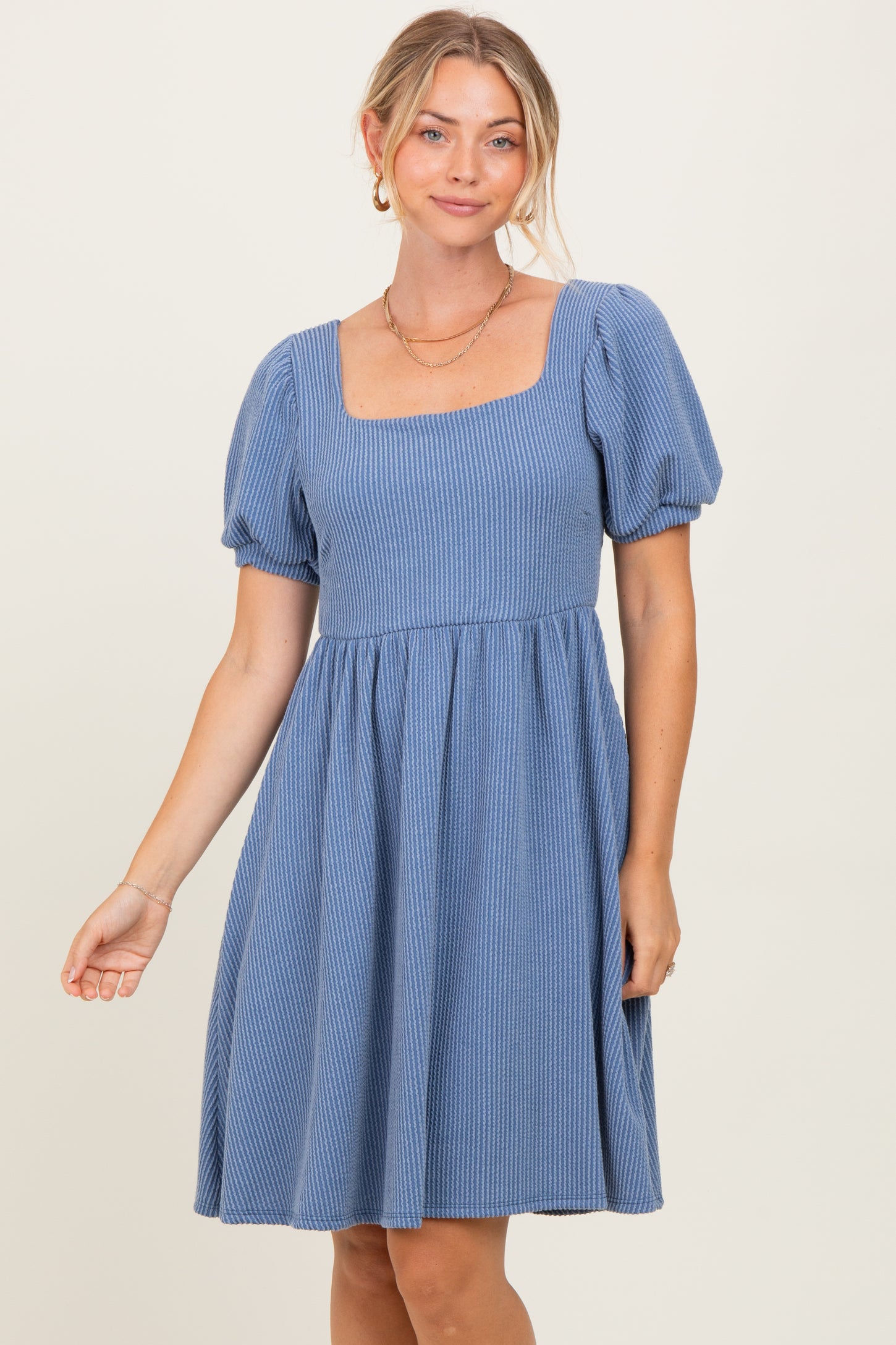 Blue Square Neck Puff Sleeve Rib Babydoll Maternity Dress