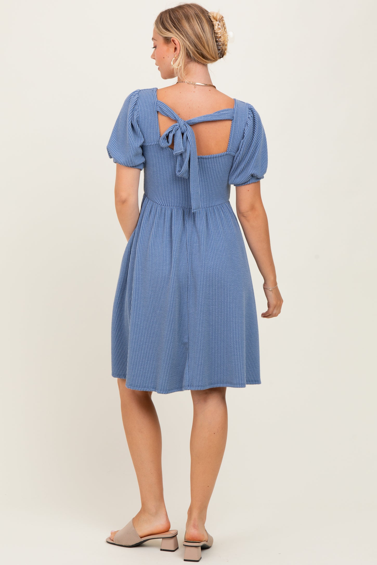Blue Square Neck Puff Sleeve Rib Babydoll Dress