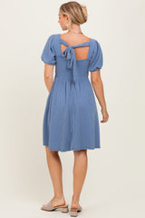 Blue Square Neck Puff Sleeve Rib Babydoll Dress
