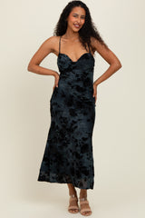 Charcoal Mesh Floral Overlay Midi Dress