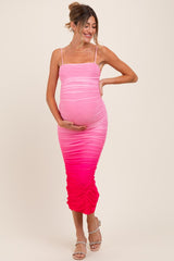 Pink Mesh Ombre Ruched Maternity Midi Dress