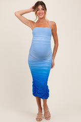 Blue Mesh Ombre Ruched Maternity Midi Dress
