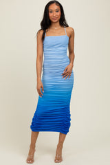 Blue Mesh Ombre Ruched Maternity Midi Dress