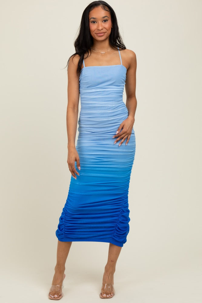 Blue Mesh Ombre Ruched Midi Dress