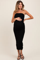 Black Mesh Strapless Ruched Maternity Maxi Dress