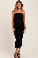 Black Mesh Strapless Ruched Maternity Maxi Dress