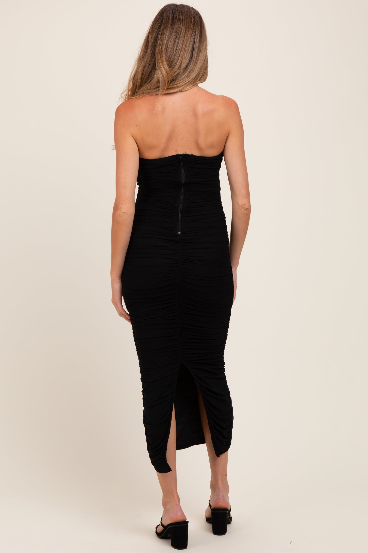 Black Mesh Strapless Ruched Maternity Maxi Dress