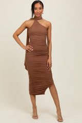 Mocha Mesh Draped Scarf Ruched Midi Dress