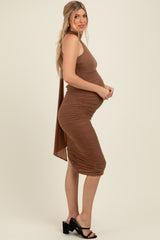 Mocha Mesh Draped Scarf Ruched Maternity Midi Dress