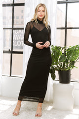 Black Mesh Overlay Long Sleeve Maxi Dress
