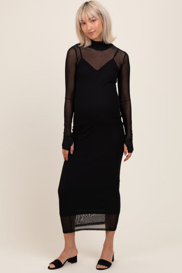 Black Mesh Overlay Long Sleeve Maternity Maxi Dress