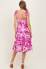 Fuchsia Bloom Floral Print Tie Strap Smocked Tiered Maternity Dress