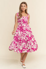 Fuchsia Bloom Floral Print Tie Strap Smocked Tiered Maternity Dress