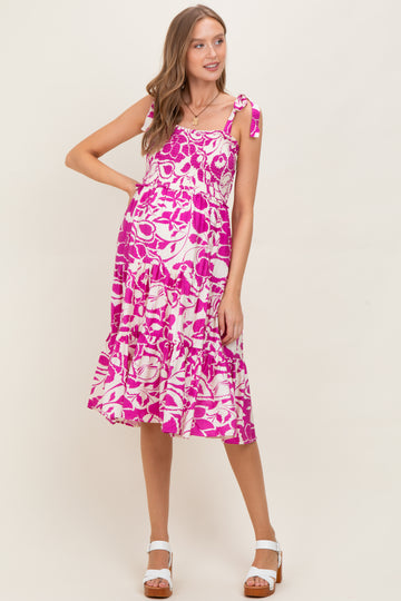 Fuchsia Bloom Floral Print Tie Strap Smocked Tiered Maternity Dress
