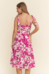 Fuchsia Bloom Floral Print Tie Strap Smocked Tiered Dress