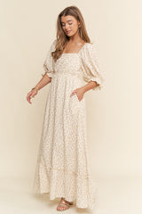 Beige Floral Print Square Neckline Maxi Dress