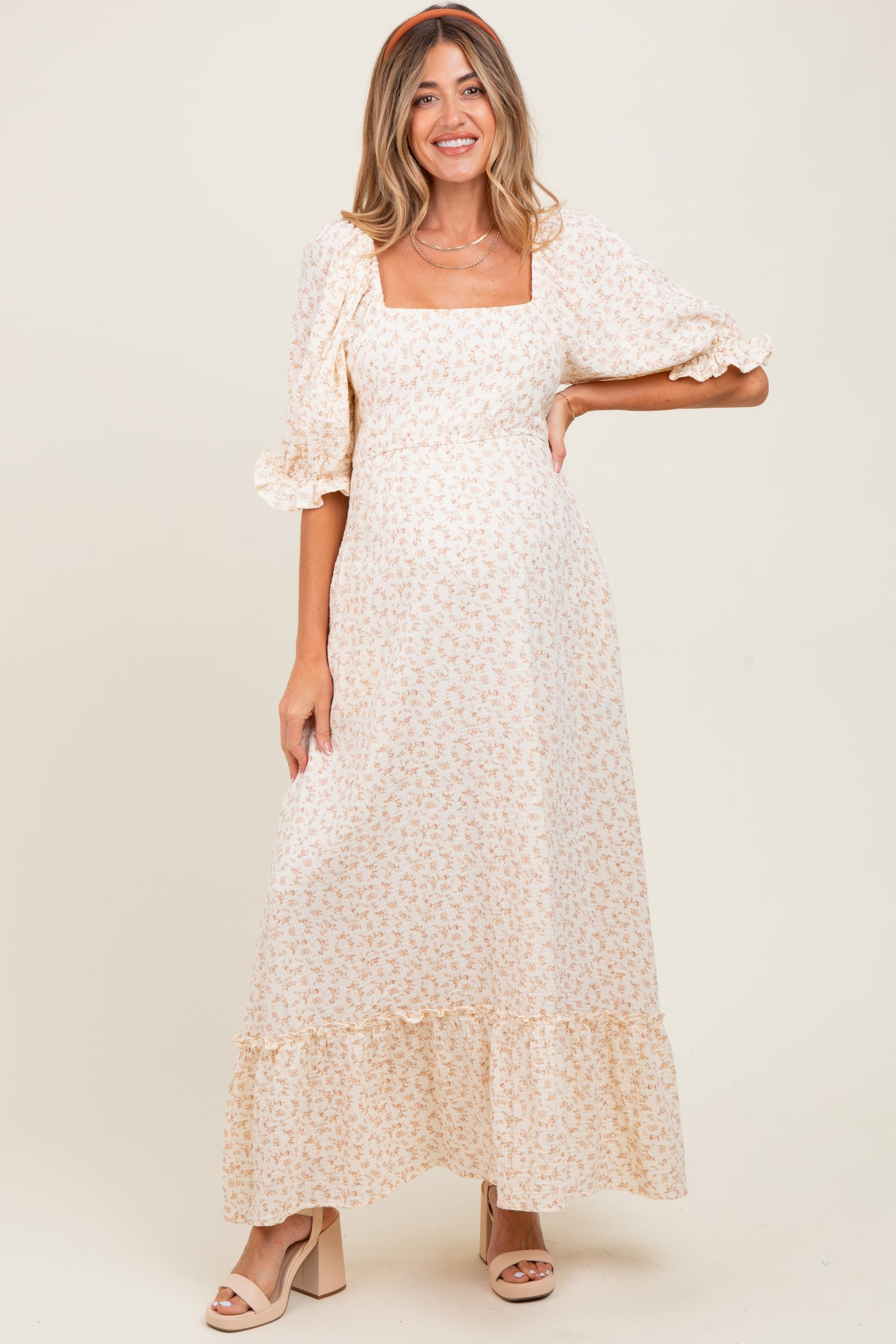 Beige Floral Print Square Neckline Maternity Maxi Dress