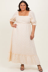 Beige Floral Print Square Neckline Plus Maxi Dress