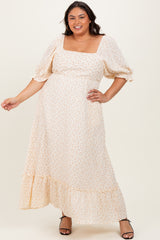 Beige Floral Print Square Neckline Plus Maxi Dress