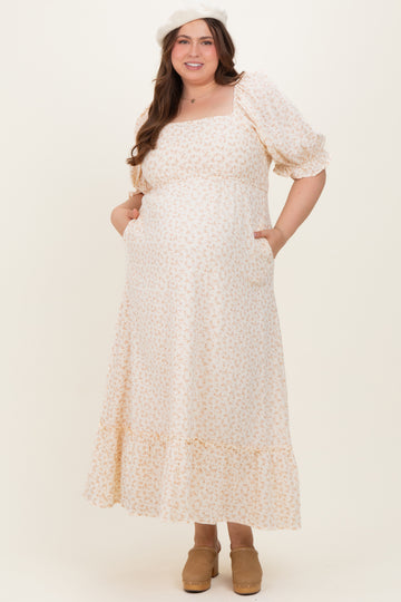 Beige Floral Print Square Neckline Plus Maternity Maxi Dress