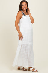 White Bow Tie Accent Tiered Maternity Maxi Dress