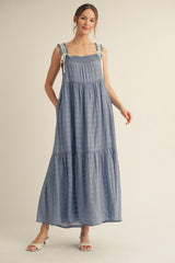 Blue Bow Tie Accent Tiered Maternity Maxi Dress