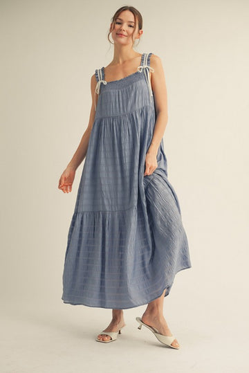 Blue Bow Tie Accent Tiered Maxi Dress