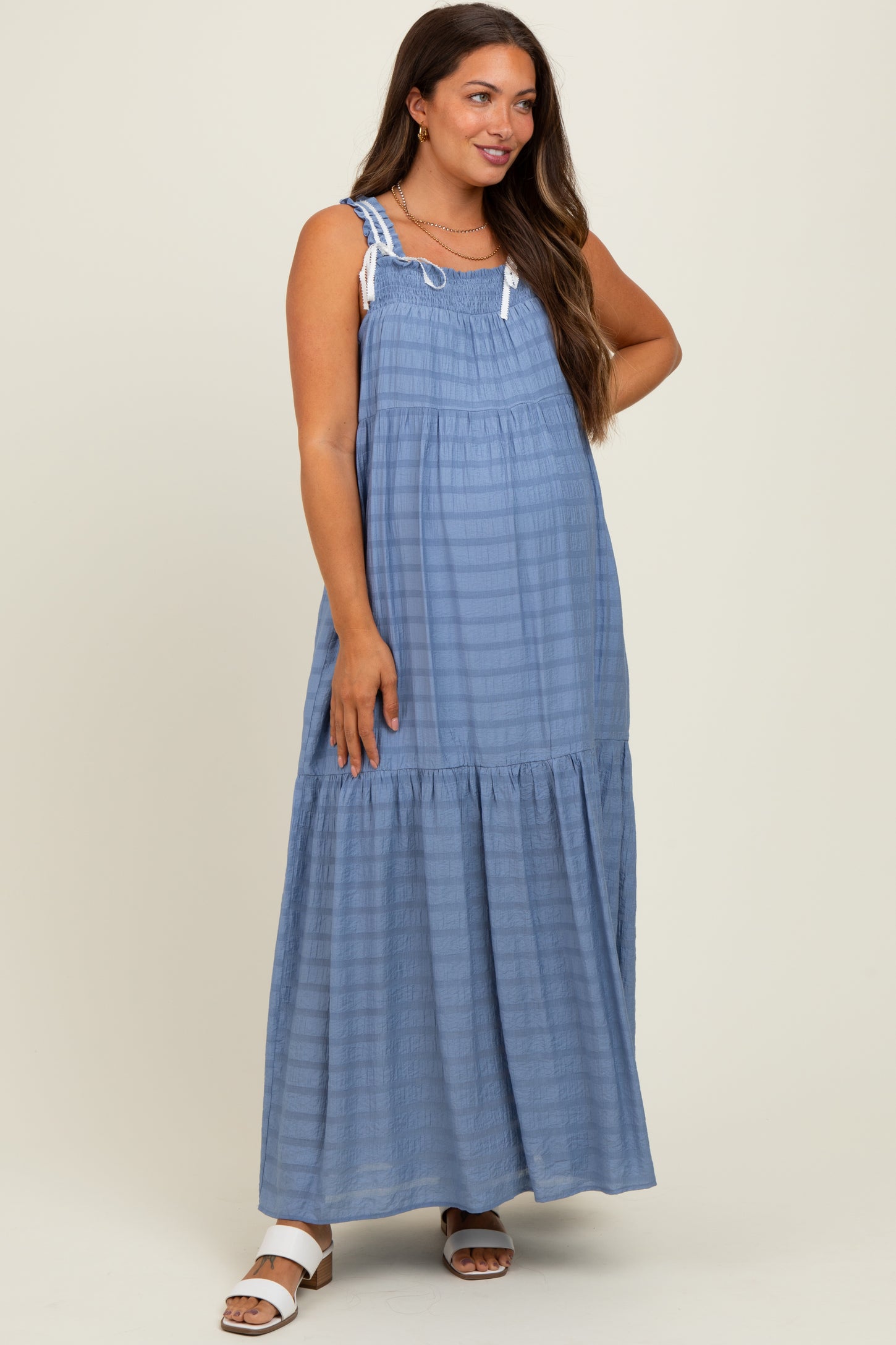 Blue Bow Tie Accent Tiered Maternity Maxi Dress