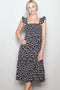 Black Floral Smocked Ruffle Strap Midi Dress