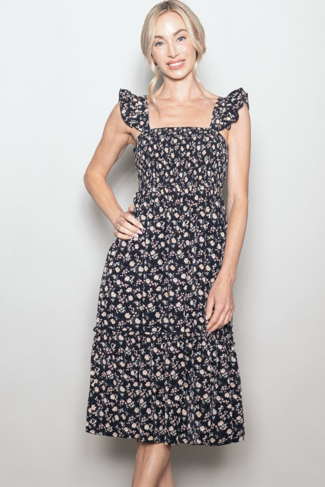 Black Floral Smocked Ruffle Strap Maternity Midi Dress