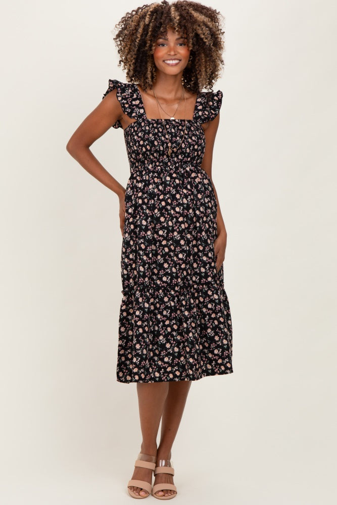 Black Floral Smocked Ruffle Strap Maternity Midi Dress