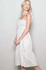 Ivory Floral Smocked Ruffle Strap Midi Dress
