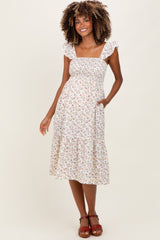 Ivory Floral Smocked Ruffle Strap Maternity Midi Dress