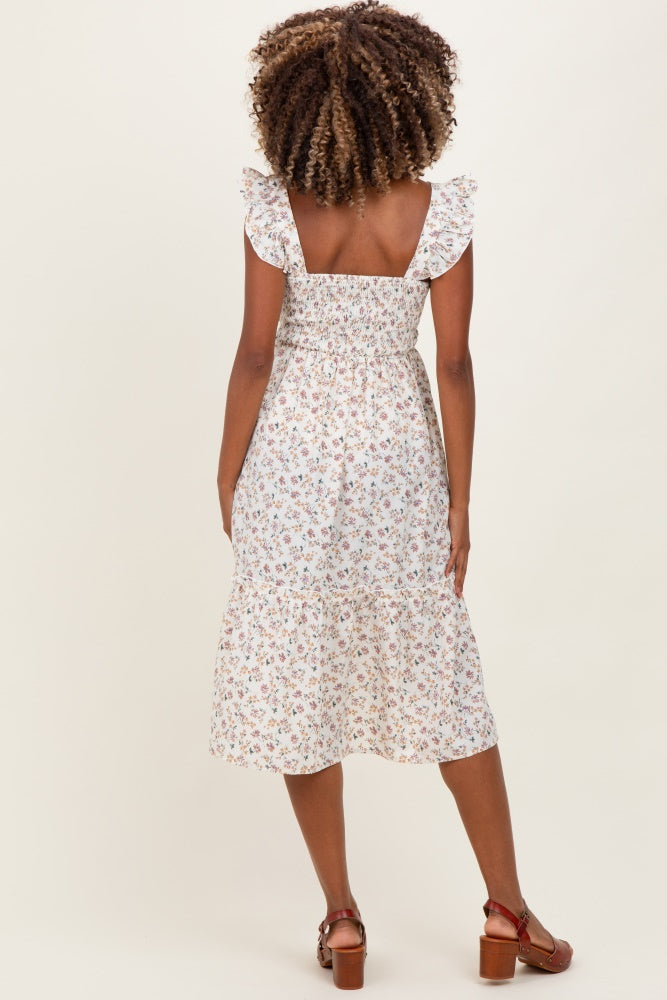 Ivory Floral Smocked Ruffle Strap Maternity Midi Dress