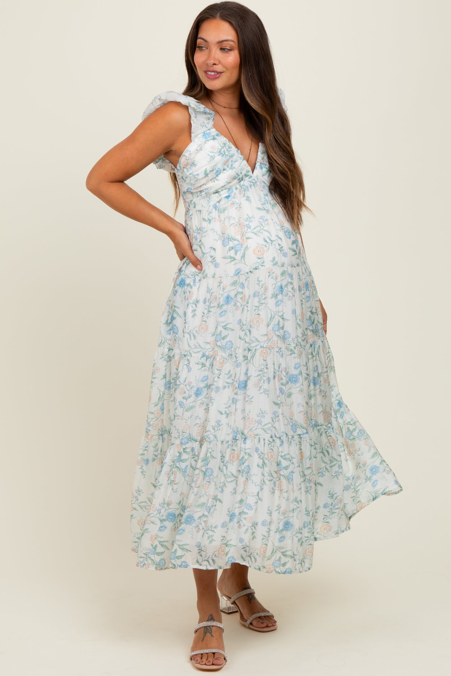 Blue Floral V-Neck Ruffle Strap Tiered Maternity Midi Dress