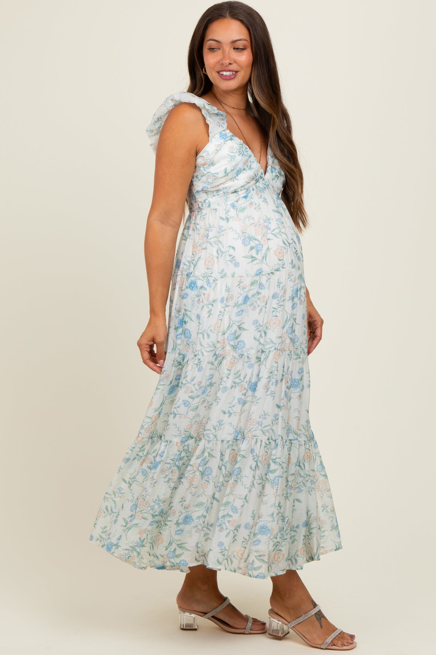 Blue Floral V-Neck Ruffle Strap Tiered Maternity Midi Dress
