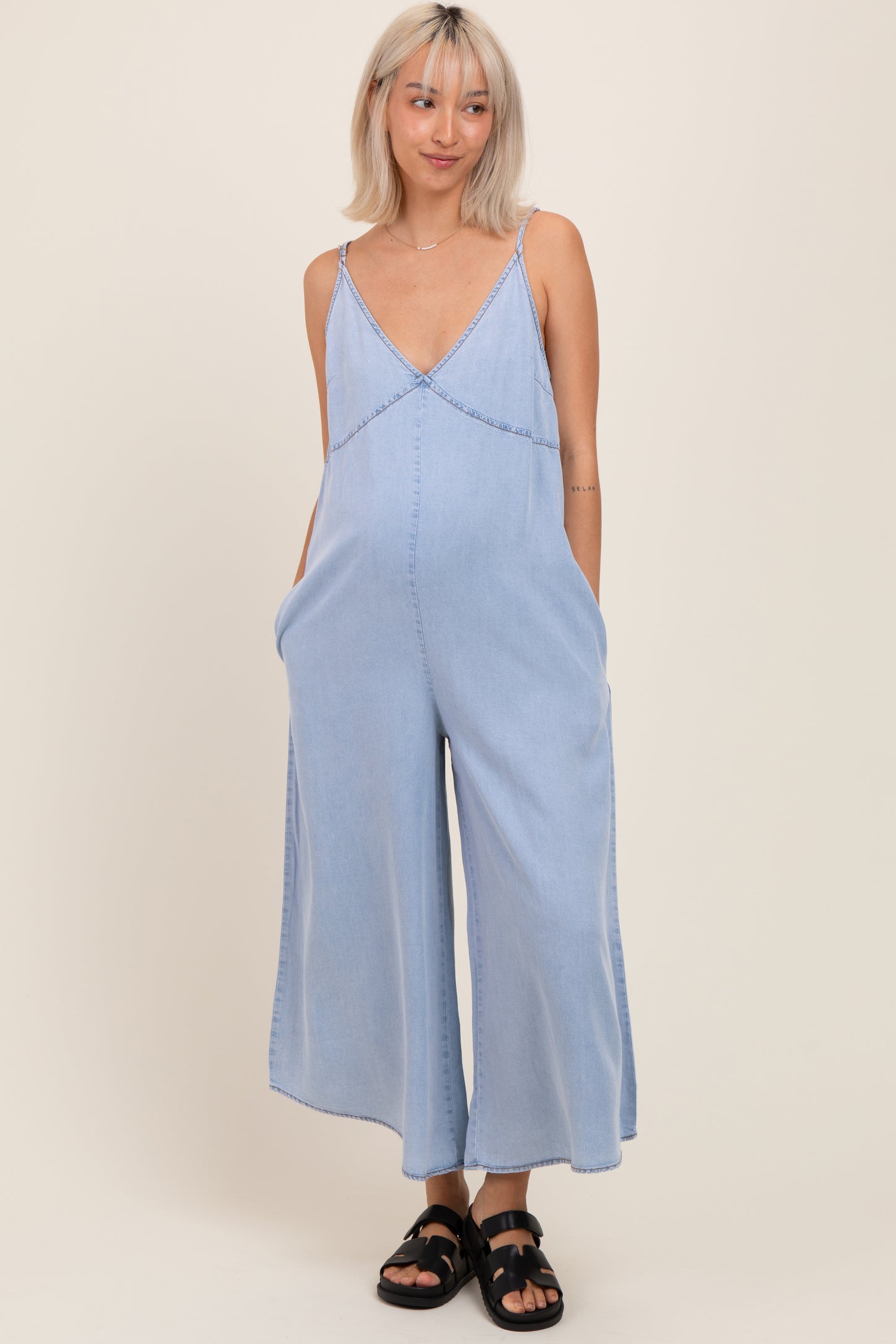 Light Blue Chambray V-Neck Sleeveless Wide Leg Maternity Jumpsuit