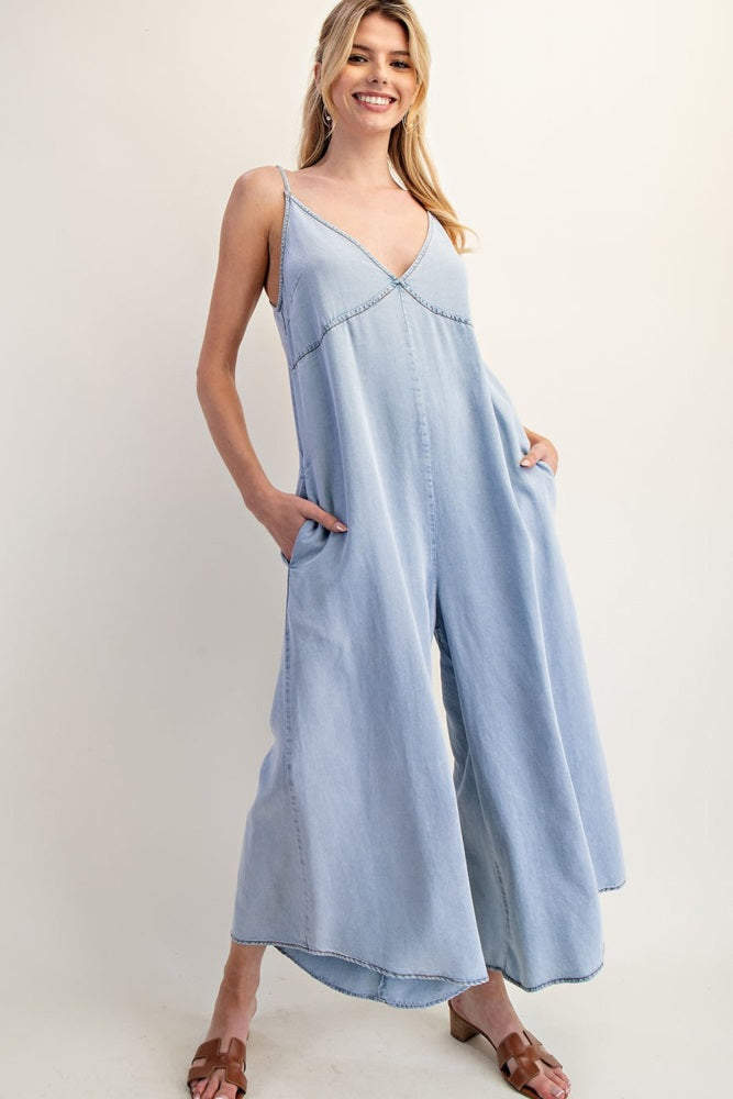 Light Blue Chambray V-Neck Sleeveless Wide Leg Jumpsuit