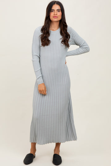 Grey Ribbed Long Sleeve Sweater Midi Dress