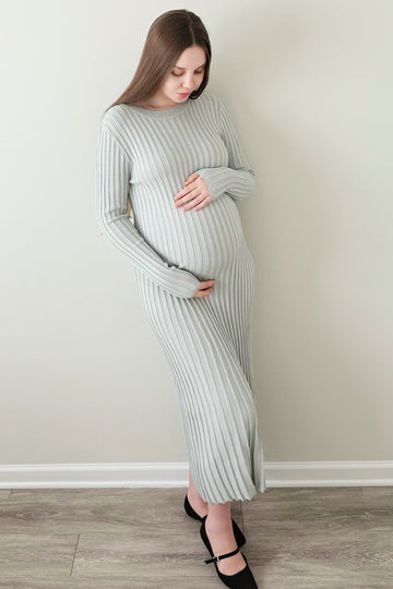 Grey Ribbed Long Sleeve Maternity Sweater Midi Dress