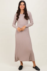 Beige Ribbed Long Sleeve Maternity Sweater Midi Dress