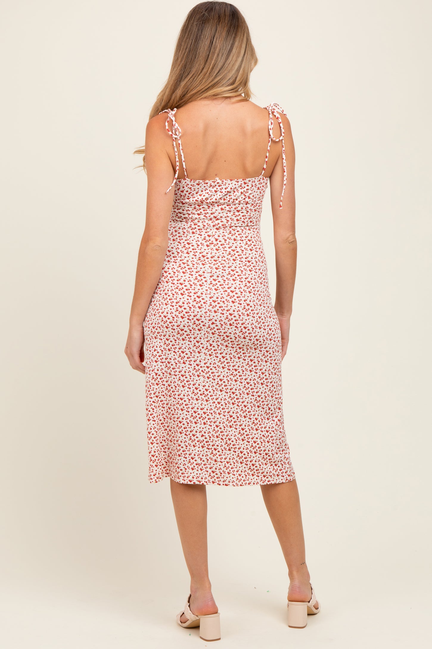 Red Printed Shoulder Tie Maternity Midi Dress