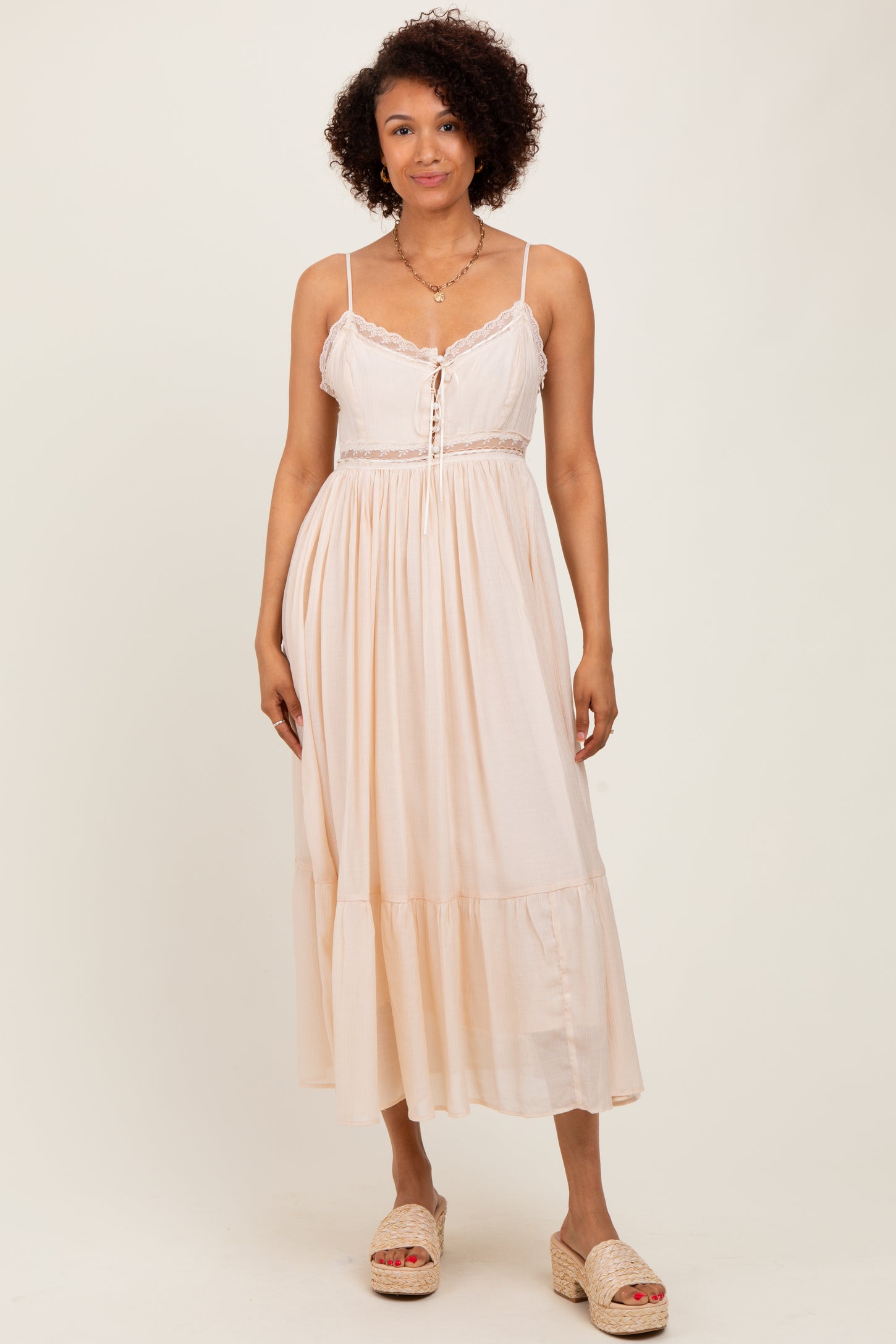 Cream Lace Detail Button Front Sleeveless Maternity Midi Dress