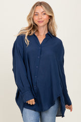 Navy Lightweight Sheer Button Down Maternity Blouse
