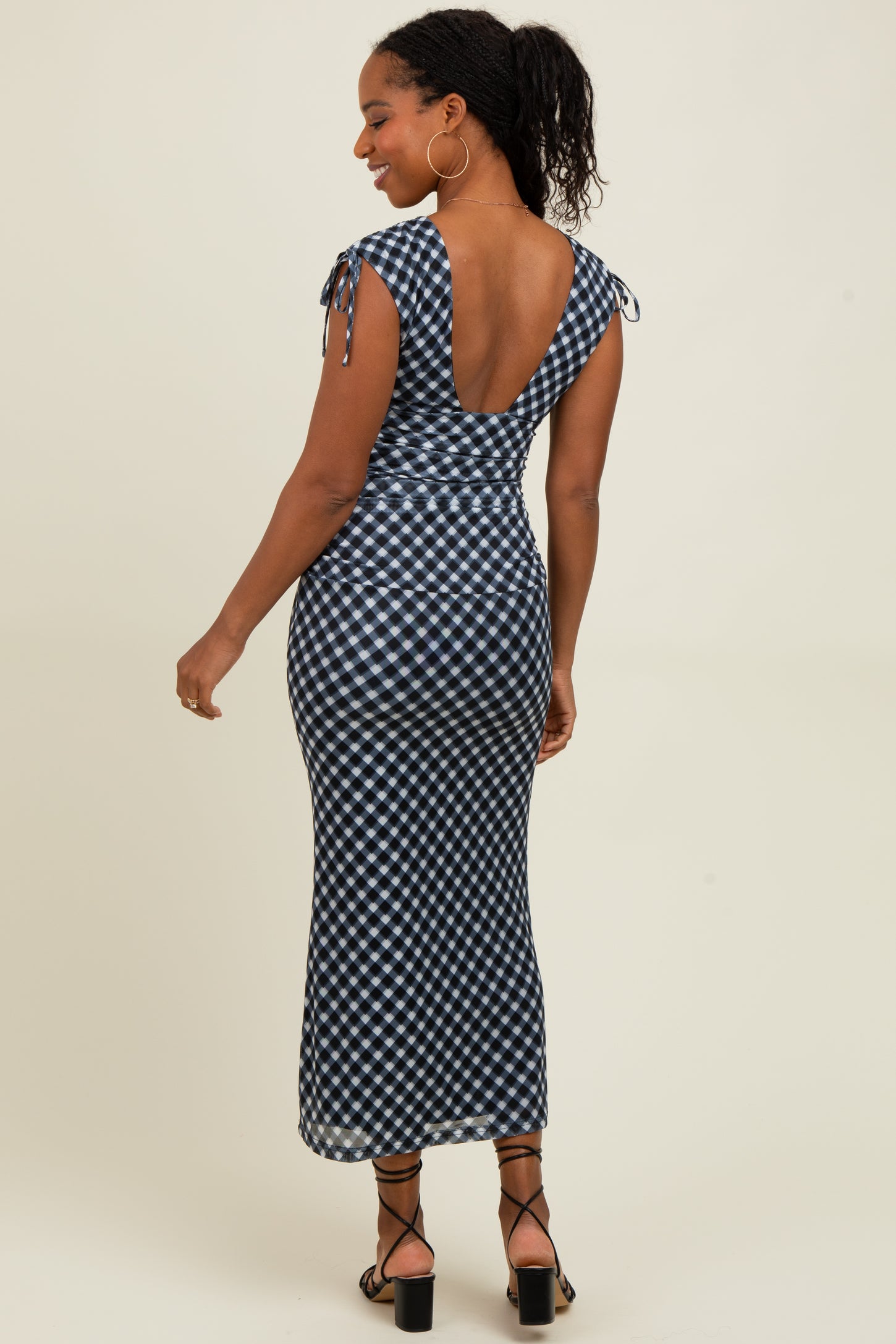 Black Ruched Gingham Shoulder Tie Maxi Dress